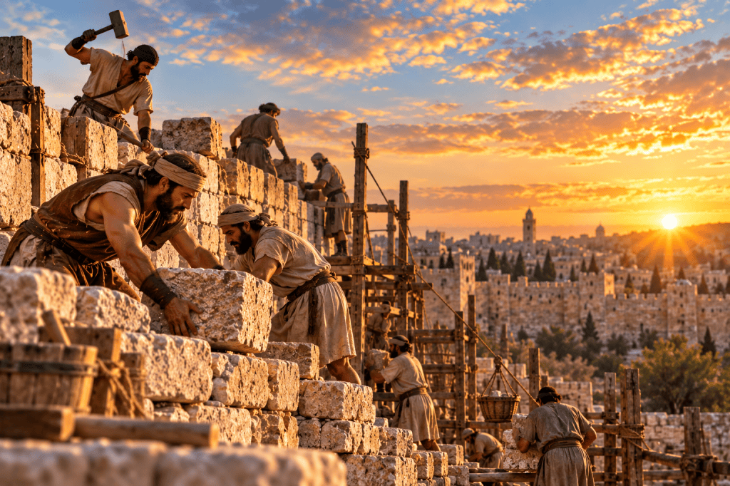 Historical scene depicting workers constructing a stone wall at sunset, with several laborers engaging in stone masonry and using tools.